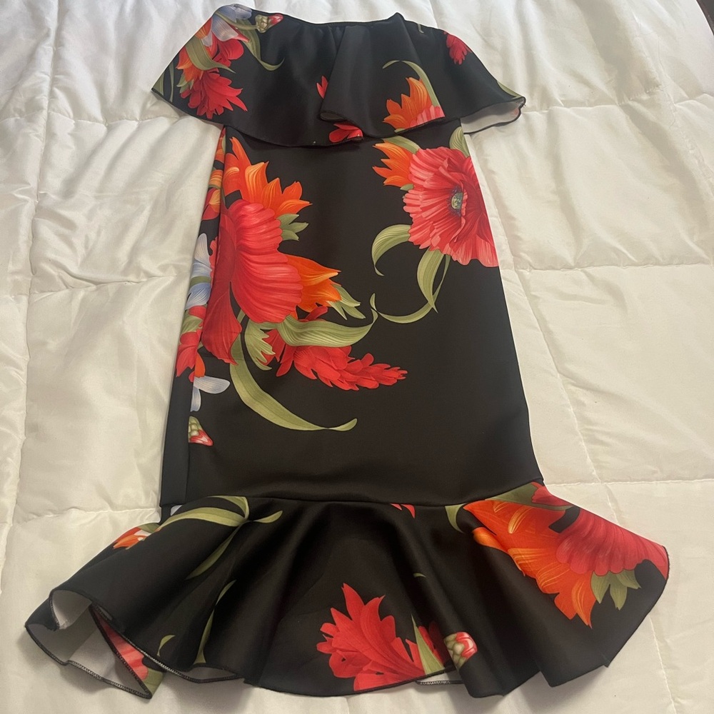 Floral Black Dress with Red and Green Accents